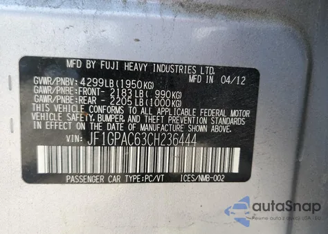 2012 Subaru Impreza Premium from USA, damaged, VIN JF1GPAC63CH236444